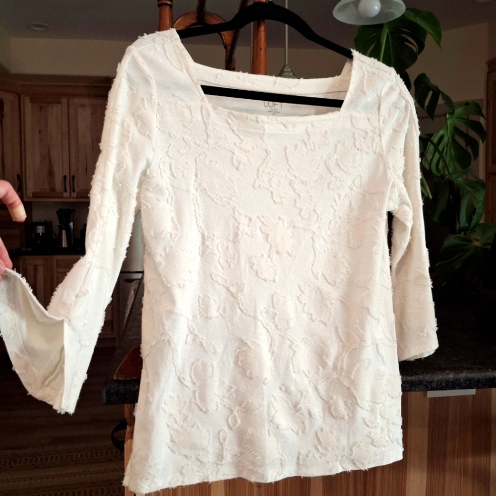 Ann Taylor LOFT Outlet Floral Jacquard Eyelash Square Neck Split Sleeve Top M MP